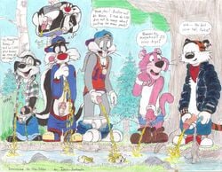 anthro bugs-bunny_(artist) bugs_bunny calvin_and_hobbes circumcised clothing feline group hobbes humanoid_penis lagomorph looney_tunes male mammal outside panther peeing penis pepe_le_pew pink_panther pink_panther_(series) rabbit skunk smooth_fur snagglepuss sylvester tiger timon-berkowitz urination urine warner_brothers what