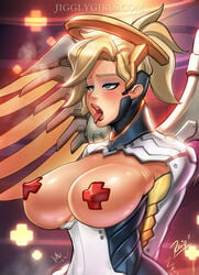 1girls adapted_costume blizzard_entertainment blonde_hair blue_eyes bodysuit breasts clothes covered_nipples erect_nipples female female_only gradient_background healing jiggly_girls large_breasts lips long_hair mechanical_halo mechanical_wings mercy nipple_tape nipples open_mouth overwatch pasties ponytail reiq solo teeth tied_hair tongue tongue_out torn_clothes video_game video_games