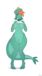 2016 anthro anthrofied big_breasts blue_scales blush bottomless breasts claws clothed clothing collar derpah disney female green_scales hair hat hi_res loch_ness_monster marine navel nessie_(disney) one_eye_closed orange_hair orange_nipples pussy red_eyes scales scalie shirt signature simple_background solo tam_o'_shanter the_ballad_of_nessie toe_claws white_background wide_hips wink