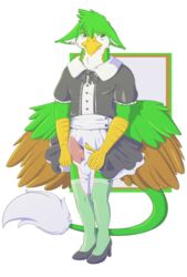 2016 animal_genitalia anthro avian balls beak beezlebumawoken blush clothed clothing crossdressing erection footwear girly green_eyes gryphon hawkthorn high_heels knot legwear maid_uniform male penis precum uniform