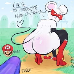 2016 anthro ass blush boots breasts clothing dialogue drazelle_(artist) erection female footwear gloves hat heart human large_ass legwear licking licking_lips mammal mario mario_(series) mask mouse ms._mowz nintendo paper_mario presenting rodent simple_background stockings surprised tongue tongue_out video_games