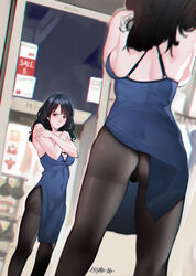 absurdres artist_name ass bare_arms bare_legs bare_shoulders black_hair black_legwear blue_dress blurry blurry_foreground breasts brown_eyes china_dress chinese_clothes chromatic_aberration cleavage commentary_request covering covering_chest crossed_arms dated depth_of_field dress dress_lift female from_behind highres hitomi_o indoors long_hair medium_breasts mirror original pantyhose reflection shop side_slit solo standing