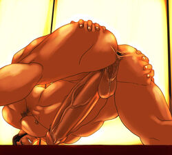 1boy anus armpit_hair ass ass_grab bara character_request erection gaping human large_penis male male_only muscle muscles naughty_face nude pecs penis pubic_hair rabbit_(artist) rabbit_(pixiv744412) smile solo spreading teeth testicles