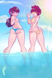 2girls ass back_view beach below_view bikini d.va dripping female female_only gesture large_breasts multiple_girls overwatch sgtmadness tracer v water whisker_markings