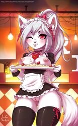 2016 anthro apron blush breasts clothing cute feline female legwear longdanger mammal nipples pink_eyes pussy skirt solo stockings tongue tongue_out