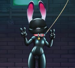 alec8ter anthro blindfold bodysuit bondage clothing collar collar_tag disney double_v female flat_chest flat_chested front_view furry gag gagged gimp_suit huebree judy_hopps lagomorph leash looking_at_viewer mammal mask rabbit rubber solo text tight_clothing v zipper zootopia