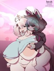 belly bewbdraws blush bottom_heavy chubby chubby_female crossover dominant_female genshin_impact goth huge_areolae league_of_legends nipples paimon_(genshin_impact) pink_nipples pressing_breasts_together short_hair shortstack thick_thighs tongue_out vex_(league_of_legends) yordle