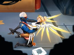 1boy 1girls ambiguous_penetration artist_name blonde_hair blue_eyes cleavage clothed_sex female grillo heels kneeling leg_wrap leggings mask mechanical_halo mechanical_wings mercy overwatch pants_down ponytail sex soldier_76 tied_hair white_hair