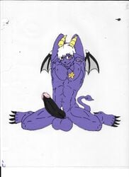 abs acrylic armpits balls big_balls big_penis buwaro_elexion claws ear_piercing edit fur hair horn jewelry male_only muscular necklace penis piercing precum presenting purple_fur red_eyes slightly_damned tongue tongue_out white_hair wings yellowpower