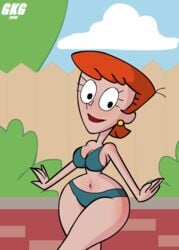 bikini canonical_scene dexter's_laboratory dexter's_mom earring female gkg green_bikini red_hair redhead solo thick_thighs thighs