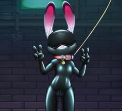 alec8ter anthro blindfold bodysuit bondage clothing collar collar_tag disney double_v female flat_chest flat_chested front_view furry gag gagged gimp_suit huebree judy_hopps lagomorph leash looking_at_viewer mammal mask rabbit rubber solo text tight_clothing v zipper zootopia