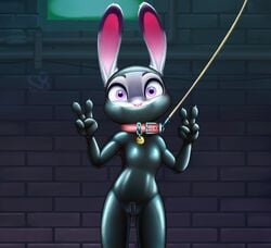 alec8ter anthro bodysuit bondage clothing collar collar_tag disney double_v female flat_chest flat_chested front_view furry gag gagged gimp_suit huebree judy_hopps lagomorph leash looking_at_viewer mammal mask rabbit rubber solo text tight_clothing v zipper zootopia