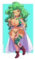 1girls belly big_breasts bikini bikini_top boa_sandersonia breasts cape carmessi cleavage covered_breasts covered_nipples curvy female female_only green_eyes green_hair hips huge_breasts large_breasts legs long_hair nail_polish navel nipple_slip nipples one_piece panties shoes solo tagme thick_legs thick_thighs thighs tongue tongue_out voluptuous wide_hips