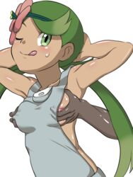 1girls 2016 armpits blush breast_grab breasts dark_skin disembodied_hands erect_nipples female flower_in_hair game_freak green_eyes green_hair hands_behind_head long_twintails looking_at_viewer mallow_(pokemon) medium_breasts nintendo nipples overalls pokemon pokemon_sm refuto smile sweat tongue tongue_out white_background wink