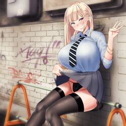 1girls big_breasts black_legwear black_panties blonde_hair blush bracelet breasts cameltoe dress_shirt earrings female_only graffiti gyaru highres huge_breasts jewelry knees_together_feet_apart leaning_against_wall lifted_by_self long_hair looking_at_viewer mole mole_under_eye nail_polish nakamura_misaki nanae necktie original original_character panties pleated_skirt school_uniform shirt shirt_tucked_in side-tie_panties sitting skirt skirt_lift smile solo star_(symbol) star_earrings thighhighs underwear w