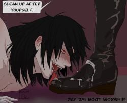 1boy 1boy1girl 1female 1girls 1male after_ejaculation alucard_(hellsing) artist_name black_hair boot_fetish boot_worship bootjob boots cfnm clothed_female clothed_female_nude_male cry_ptidd cum cum_drip cum_on_boots female femdom foot_fetish foot_lick foot_worship footjob footwear glasses hellsing highres integra_hellsing kinktober kinktober2022 leather leather_boots long_hair nude nude_male riding_boots sharp_teeth shoejob speech_bubble straight teeth unseen_female_face vampire