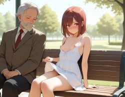 ai_generated dress dress_lift embarrassed embarrassed_female embarrassed_nude_female exhibitionism exhibitionist exposed_breasts exposing exposing_breasts exposing_chest exposing_self flashing flashing_breasts lifting_skirt looking_at_another looking_at_breasts no_bra no_panties old_man older_male older_man_and_teenage_girl park park_bench small_breasts teen teen_girl teenage_girl teenager tiny_breasts