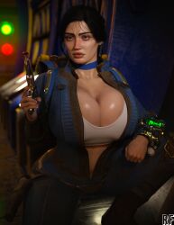 1girls 3d 3d_(artwork) big_breasts black_hair boob_window boobs breasts fallout fallout_(series) fallout_(tv_series) female female_only giant_breasts huge_breasts light-skinned_female light_skin lucy_maclean pip-boy rude_frog solo solo_female vault_suit voluptuous voluptuous_female weapon