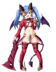 aldra blue_hair cosplay demon demon_girl demon_horns demon_tail demon_wings devil eyepatch midriff navel pointy_ears queen's_blade seryuu sword twintails unholysoul yellow_eyes