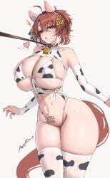 alternate_costume animal_collar animal_ears animal_print anti_kumo anti_kumo_(maeken_1021) bare_shoulders bell bikini blush breasts bridal_gauntlets brown_eyes brown_hair collar cow_print cow_print_bikini cow_print_gloves cow_print_thighhighs cowbell dantsu_flame_(umamusume) ear_covers female gloves half_updo heart highleg highleg_bikini highres horse_ears horse_girl horse_tail huge_breasts leash looking_at_viewer navel neck_bell number_tattoo open_mouth print_bikini print_gloves print_thighhighs pubic_tattoo short_hair signature simple_background skindentation solo stomach swimsuit tail tattoo thick_thighs thighhighs thighs umamusume white_background white_hair