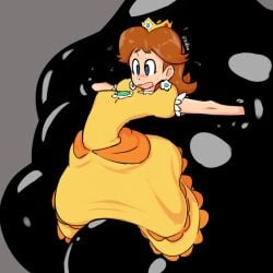 1girls bandana belly big_belly dress fingerless_gloves fupoo mario_(series) monster orange_dress pregnant pregnant_female presenting princess_daisy ready_to_pop short_hair super_dra thighs