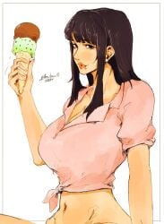 bangs black_hair blue_eyes bon_drawr clothed hip_dips ice_cream ice_cream_cone large_breasts looking_at_viewer navel nico_robin one_piece tied_shirt tongue tongue_out