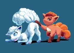 1boy 1girls 2016 alolan_form alolan_vulpix animal_genitalia animal_penis anus ass ass_up black_nose blue_background blue_sclera brown_eyes brown_fur canine canine_penis clitoris erection fangs feet female feral fox fur furry goshaag hindpaw looking_back male mammal nintendo open_mouth orange_fur pawpads paws penis pink_sclera pokemon pokemon_(species) pokemon_sm presenting presenting_hindquarters presenting_pussy pussy red_eyes smile straight tail tongue vulpix white_eyes white_fur