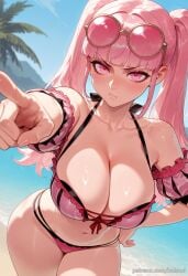 ai_generated balecxi bare_shoulders beach blush cleavage collarbone eyewear_on_head female fire_emblem fire_emblem:_three_houses hilda_valentine_goneril large_breasts long_hair looking_at_viewer navel official_alternate_costume outdoors patreon_username pink_bikini pink_eyes pink_hair pointing pointing_at_viewer pout solo swimsuit thighs twintails