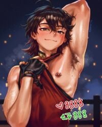 arm_behind_head armpit armpit_hair armpits bludwing blush blush exposed_armpits exposed_nipples gaming_(genshin_impact) gay genshin_impact hairy_armpits hand_behind_head male male_only nipple nipple_piercing pierced_nipples pulling_shirt shirt_pull solo_male sweat sweatdrop sweating sweaty sweaty_armpits