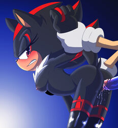 angelofhapiness anthro arm_grab bent_over blush breasts chest_tuft clenched_teeth clitoris clothing erection eyelashes female from_behind_position hedgehog legwear looking_at_viewer male mammal nipples penetration penis pussy pussy_juice red_eyes rule_63 sex shadow_the_hedgehog sonic_(series) sonic_the_hedgehog stockings straight teeth tuft vaginal_penetration