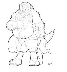 2022 animal_genitalia anthro artist_name balls belly bernese_mountain_dog big_balls big_belly big_sheath canid canine canis claws domestic_dog duo feet genitals hi_res huge_balls huge_sheath human imminent_incest interspecies_incest interspecies_romance male male/male mammal molosser mountain_dog musclegut muscular original_characters pandottermon sheath signature size_difference smile swiss_mountain_dog tail werecanid werecanine werecreature weredog