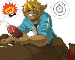 anthro bear blonde_hair canine circumcised closed_eyes cum cum_on_hand cum_on_stomach cumshot donguri duo explosion green_eyes hair handjob humanoid_penis male male_only mammal masturbation orgasm overweight penis simple_background yaoi