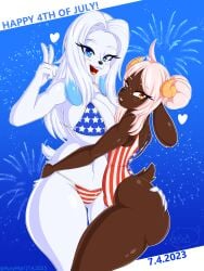 absurd_res aceymari american_flag_bikini anthro ass big_breasts bikini biped blue_eyes blush bovid breasts brown_body butt_grab caprine cleavage clothed clothing duo eyelashes female female/female flag_bikini gesture hand_gesture hand_on_butt heart_symbol hi_res looking_at_viewer mammal open_mouth open_smile pupils sheep smile swimwear thick_thighs two-piece_swimsuit v_sign white_body