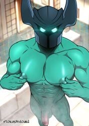 1boy 5_fingers abs arms balls bathroom biceps big_biceps big_breasts green_body green_eyes green_skin helmet helmet_only humanoid_penis league_of_legends looking_at_viewer looking_pleasured low-angle_view male male_focus male_only mask masked masked_male mordekaiser muscle muscles muscular muscular_anthro muscular_male nipple_grab nipples pecs pecs_focus pecs_grab penis seductive seductive_eyes smoke thick_arms thick_thighs torinohito