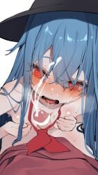 1futa 1girls absurd_res absurdres blue_hair bottomless cum cum_drip cum_in_mouth cum_string cumshot female_penetrated femsub flat_chest futa_on_female futa_with_female futadom futanari hands_on_breasts hat headwear long_hair multiple_girls paizuri pov red_eyes reimu_hakurei small_breasts sweat sweatdrop tenshi_hinanawi touhou tsune_(tune)