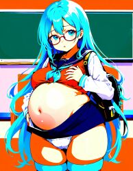 ai_generated backpack eyeglasses glasses panties pregnant school_uniform schoolgirl thigh_squish turquoise_hair