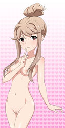 blush breasts female gradient gradient_background hair_bun halftone_background heart heart_background idolmaster idolmaster_million_live! light_brown_hair long_hair looking_at_viewer maroon_eyes navel nipples nude open_mouth pink_background pubic_hair pussy sidelocks signature smile solo tenkuubashi_tomoka uncensored vzmk2 white_background