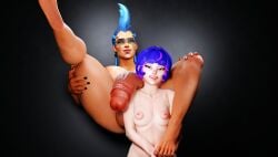 3d big_balls big_penis blue_hair creamyeclair feet futa_on_female futanari junker_queen juno_(overwatch) looking_at_viewer muscular muscular_futanari overwatch overwatch_2 petite_female purple_hair red_eyes smile smiling smiling_at_viewer