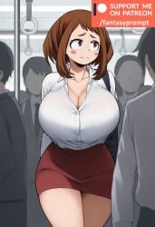 ai_generated boku_no_hero_academia breasts_bigger_than_head brown_eyes brown_hair cleavage cute fantasyprompt female female gigantic_breasts huge_breasts molestation my_hero_academia narrow_waist ochako_uraraka revealing_clothes school_uniform schoolgirl short_hair short_skirt tight_clothing train worried