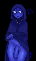 black_background blue_(sprunki) blue_body blue_skin flashing flashing_penis hooded_cloak jevin_(sprunki) looking_away moles penis sprunki