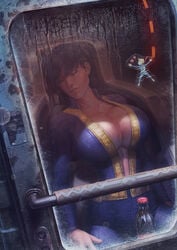 1girls behind_glass bethesda_softworks big_breasts black_hair bodysuit bottle breasts brunette busty cleavage closed_eyes clothed condensation cryopod fallout fallout_(series) fallout_4 female female_only frosted_glass frozen goretexx graffiti highres hourglass_figure huge_breasts human impossible_bodysuit impossible_clothes in_container nuka-cola perky_breasts sleeping sole_survivor sole_survivor_(female) solo stasis_chamber sticker unzipped vault_111 vault_69 vault_dweller vault_girl vault_meat vault_suit voluptuous