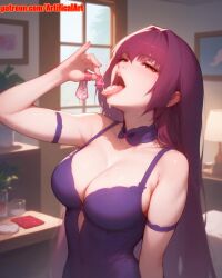 1girls ai_generated artifical_art condom cum cum_in_mouth dripping_cum dripping_semen fate/grand_order fate/stay_night fate/zero fate_(series) long_hair open_mouth perfect_body purple_hair red_eyes scathach_(fate) semen semen_in_mouth semen_on_tongue tongue_out used_condom