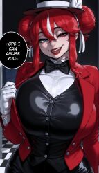 1girls ai ai-created ai_art ai_generated artist_name artist_request artist_signature black_bow black_bowtie black_hat black_pants blue_eyes bow_hat bowtie breasts breasts_bigger_than_head caine_(the_amazing_digital_circus) double_bun genderbend genderbent genderswap genderswap_(mtf) gigantic_breasts gloves grin hair_between_eyes hat hat_bow heterochromia huge_breasts human_version large_breasts light-skinned_female light_skin looking_at_viewer medium_hair messy messy_bun red_eyes red_hair red_jacket red_lips red_lipstick rule63 rule_63 seductive seductive_look seductive_smile sidelocks smile text text_bubble the_amazing_digital_circus tight_clothing top_hat unknown_artist white_gloves white_pupils white_shirt white_skin white_skinned_female white_streak