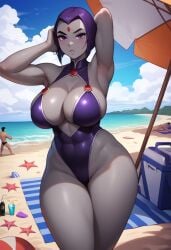 1girls ai_generated alternate_version_available armpit beach big_breasts boob_window breasts cleavage ecchi grey_skin lautpomp looking_at_viewer pov purple_eyes purple_hair raven_(teen_titans) short_hair tagme thighs