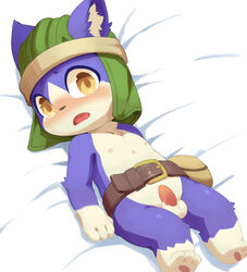 .hack 1boy anthro balls bed belt blush embarrassed erection feline headgear hermit_(.hack) looking_at_viewer lying male male_only mammal moki on_back on_bed open_mouth pawpads penis pouch solo tapering_penis tears