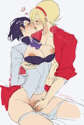 1boy 1girls androgynous areolae ascot ash_crimson blonde_hair blue_hair blush bondage bound bound_wrists breast_grab breasts collarbone collared_shirt cowboy_shot cum elisabeth_blanctorche eye_contact female femboy fingering french_kiss groping headband heart king_of_fighters kissing large_breasts looking_at_another male muse_(rainforest) nipples open_clothes open_shirt panties profile short_hair simple_background sitting sketch straight tongue tongue_out white_background