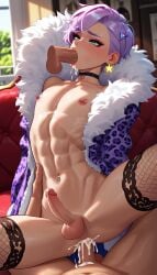 ai_generated anal_penetration balls coat crossdressing_male cum earrings erection femboy feminine_male nipple_piercing penis purple_hair stockings tagme