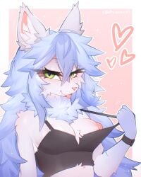 2025 black_tank_top blue_hair breasts canine cleavage female female_only furry green_eyes heart hearts_around_head long_hair nipples original original_character pink_background prism_(prsmrti) prsmrti tank_top tank_top_pull tongue tongue_out white_border white_fur