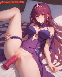 1girls ai_generated artifical_art blush clitoris dildo dildo_in_pussy fate/grand_order fate/stay_night fate/zero fate_(series) long_hair masturbation perfect_body purple_hair pussy pussy_juice red_dildo red_eyes scathach_(fate) sex_toy solo spread_legs