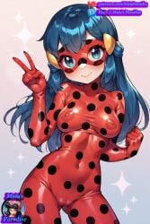 ai_generated blush cameltoe dawn_(pokemon) ladybug_(character) ladybug_(cosplay) latex latex_suit maia's_paradise mascara miraculous_ladybug nintendo peace_sign pokemon smile